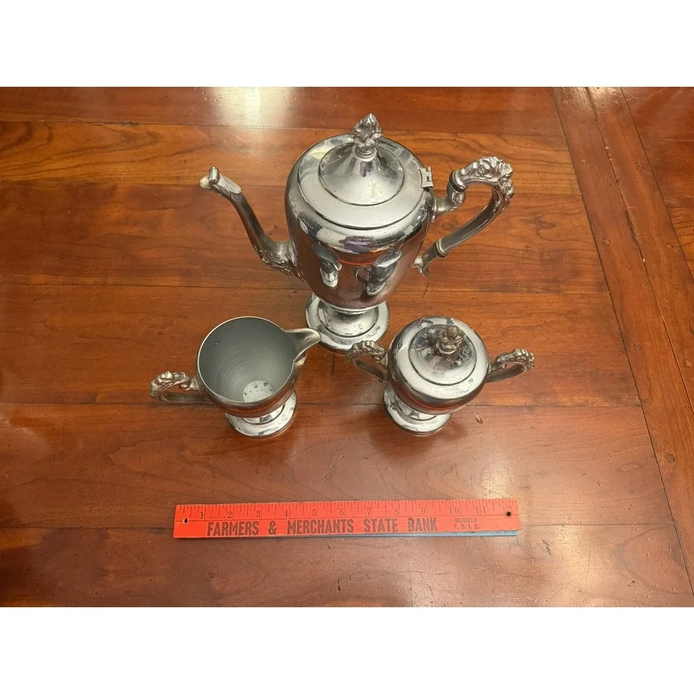 Vintage Cromwell Silver Mfg Corp Chromium 3 Pc Coffee Tea Set Teapot Art Deco